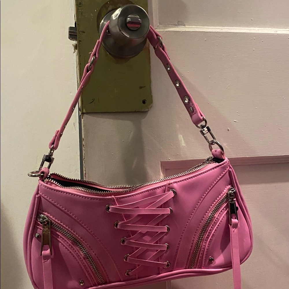 Pink Lace-Up Shoulder Bag